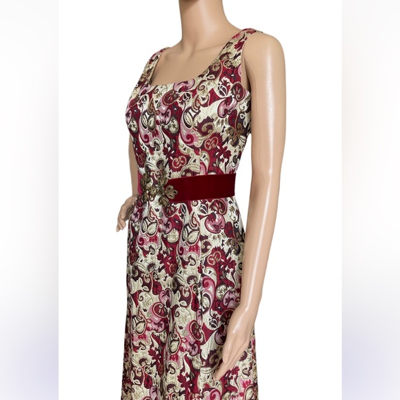 Vintage Gino Charles Brocade Metallic Maxi Dress with Velvet Belt XS Small - Picture 4 of 16